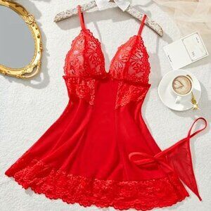 Red Lace Sheer Babydoll Lingerie Set with Thong Intimates Medium